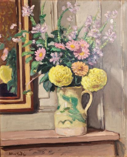 Albert ANDRÉ - Gemälde - Dahlias jaunes et zinnias roses