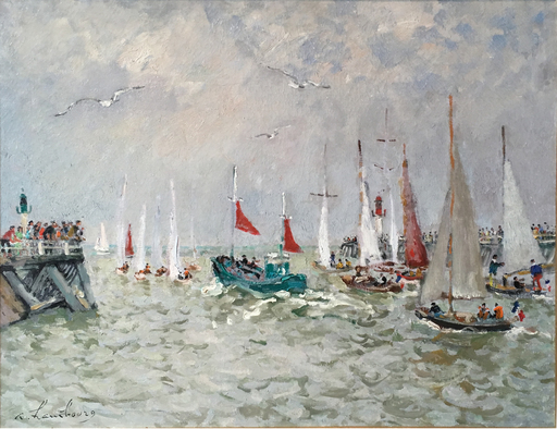 André HAMBOURG - Pintura - Le bateau de peche vert aux voiles rouge