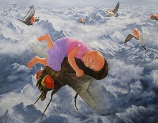 FANG Lijun - Peinture - Blue with child riding the insect