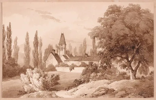 Laurent DEROY - Dibujo Acuarela - View of Village Church 