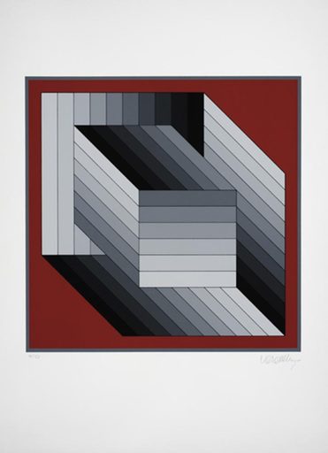 Victor VASARELY - Print-Multiple - 2 Quader mit grauen Streifen auf rotem Gr