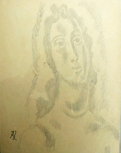 René BUTHAUD - Drawing-Watercolor - Visage de Femme - Hommage à Modigliani  