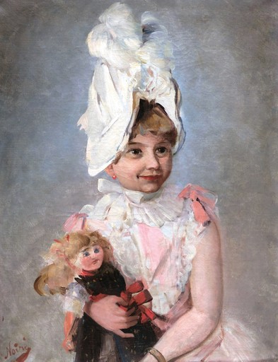 Maxime NOIRÉ - Painting - Portrait de petite fille à la poupée