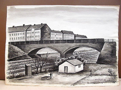 Walter KOHLHOFF - Zeichnung Aquarell - Schrebergarten mit Laube unter Brücke