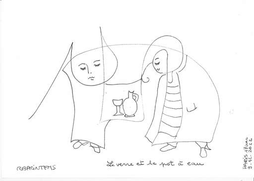 Reine BUD-PRINTEMS - Zeichnung Aquarell - "Le verre et le pot à eau"