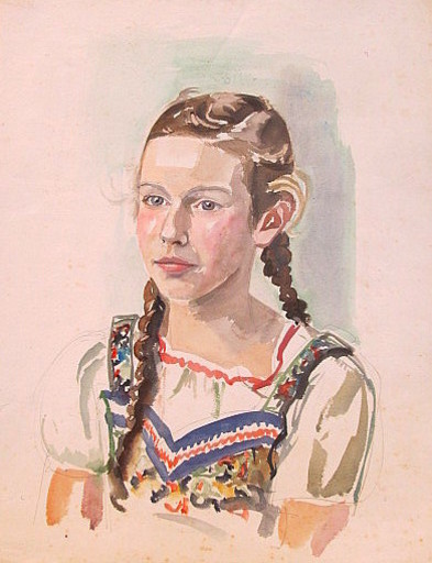 Erich HARTMANN - Drawing-Watercolor - #19950: Frau mit langen Zöpfen. 