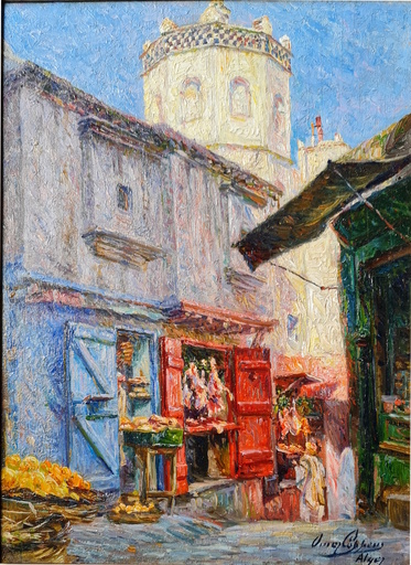 Omer COPPENS - Painting - Rue de la Kasbah à Alger (La Boucherie)
