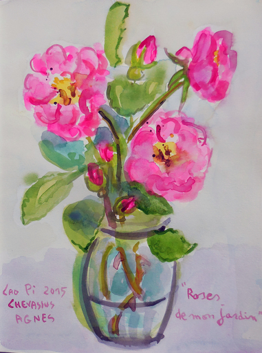 Jean-Pierre CHEVASSUS-AGNES - Dessin-Aquarelle - bouquet de roses  rouges de mon jardin