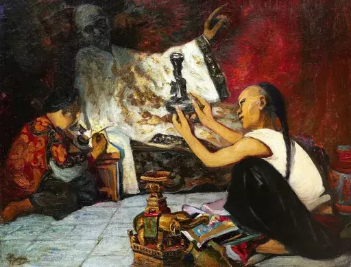 Camille Adolphe LAURENS - Painting - Scène chinoise : deux enfants avec un vieux fumeur d'opium
