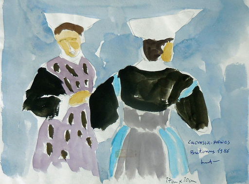 Jean-Pierre CHEVASSUS-AGNES - Drawing-Watercolor - deux bretonnes en habit traditionnel