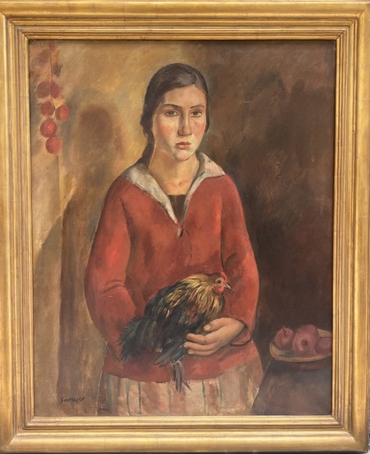 Joaquín SUNYER - Painting - señorita con gallo 