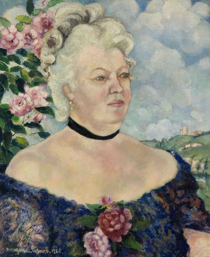 Georges MANZANA-PISSARRO - Peinture - Portrait de Femme sur Fond de Paysage et de Roses
