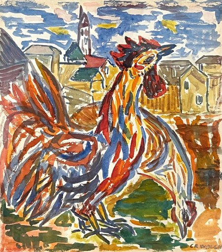 Charles WALCH - Drawing-Watercolor - Le coq devant le village