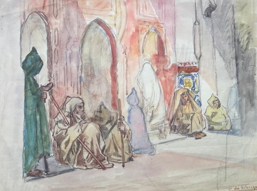 B. CONDE DE SATRINO - Drawing-Watercolor - Morocco – Beggars at the Mosque entrance
