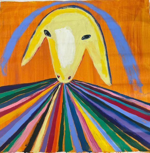 Menashe KADISHMAN - Painting - Sheep on rainbow