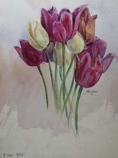 Alfred KELLER - Dibujo Acuarela - Tulipes