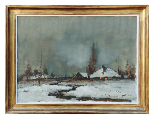 Henri Joseph PAUWELS - 绘画 - Flemish snowlandscape with old farm
