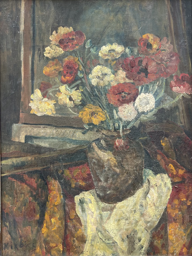 Michel KIKOINE - Painting - Un bouquet de fleur sur un drapé 