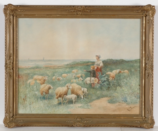 Otto Karl Kasimir VON THOREN - Dibujo Acuarela - "Little Shepherds with Their Sheep", Watercolor, ca 1875
