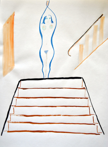 Marc ALBARANES - Zeichnung Aquarell - fée en haut de l'escalier