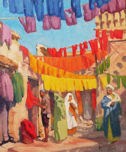 Victor GUERRIER - 绘画 - Le Souk des Teinturiers à Marrakech