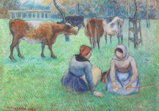 Camille PISSARRO - Dessin-Aquarelle - Paysannes assises gardant des vaches