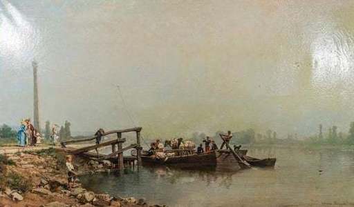 Théodore LÉVIGNE - Gemälde - Theodore Levigne (1848-1912), "Un dimanche sur la Saône", Oi