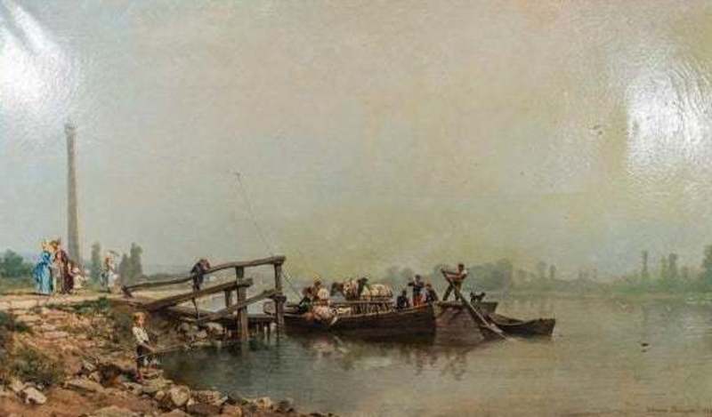 Théodore LÉVIGNE - Gemälde - Theodore Levigne (1848-1912), "Un dimanche sur la Saône", Oi
