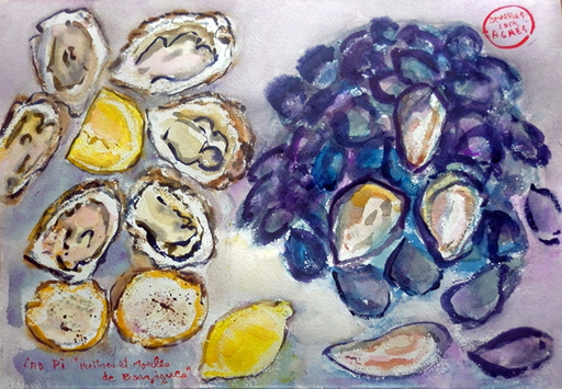 Jean-Pierre CHEVASSUS-AGNES - Zeichnung Aquarell - Huitres et Moules BOUZIGUES (34) étang de THAU