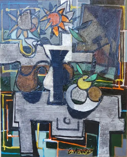 Claude VENARD - Painting - Nature morte aux tournesols