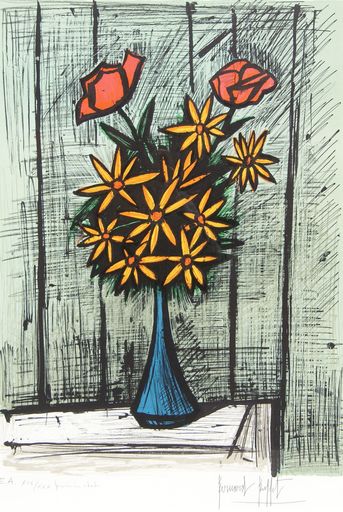 贝纳•毕费 - 版画 - Bouquet de marguerites aux deux roses