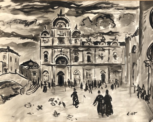 Gustave LINO - 水彩作品 - Promenade sur la grande place 