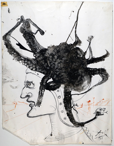 Salvador DALI - Dessin-Aquarelle - ﻿﻿﻿Portait of Dane with Octopus