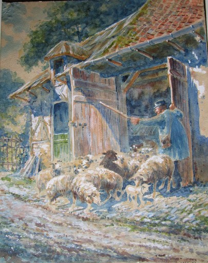 Hubert WETS - Drawing-Watercolor - ohne Titel - Ein Schäfer lässt seine Herde aus dem Stall
