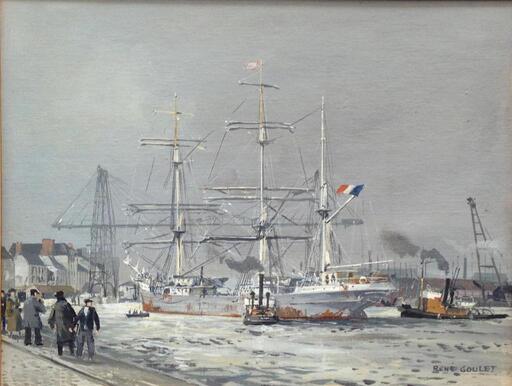 René GOULET - Pintura - trois mats,barques accostant dans le port de nantes