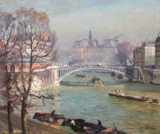 Gustave ALBERT - Pintura - Vue de la Seine avec l'Hôtel de Ville de Paris