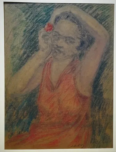 Léon DETROY - Drawing-Watercolor - Jeune femme à la fleur