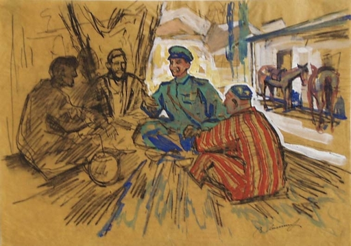 Valentin Aleksandroh LISENKOV - Disegno Acquarello - "Drinking Tea in Samarkand" by Valentin Lisenkov, 1960's