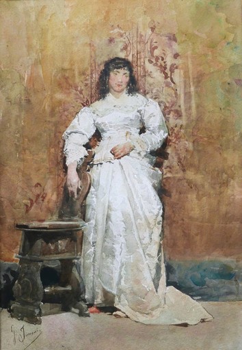 Gustavo SIMONI - Disegno Acquarello - Femme en robe blanche dans un intérieur Renaissance