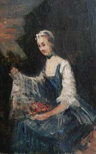 Paul SIEFFERT - Pintura - Femme en robe du XVIIIème siècle tenant des fleurs