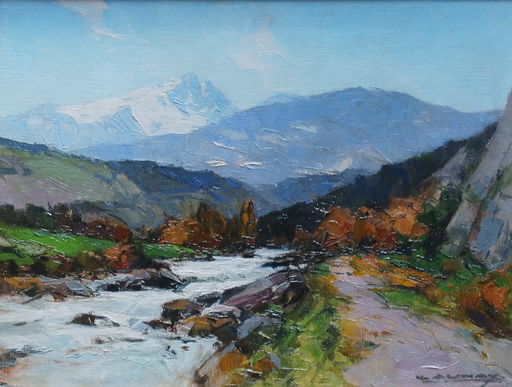 Léon LAUNAY - Painting - Torrent dans les Alpes