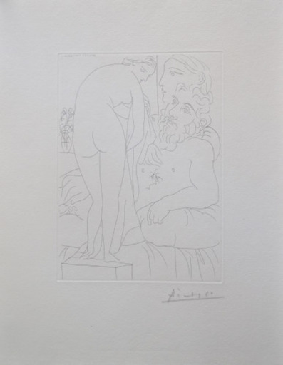 Pablo PICASSO - Grabado - Le repos du sculpteur devant un nu à la draperie, pl. 51 (B1