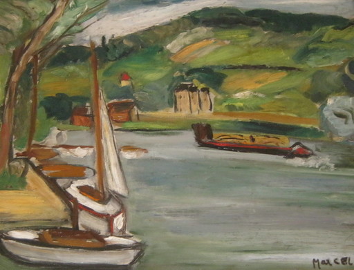 Marcel BASLER - Gemälde - Péniches sur Seine