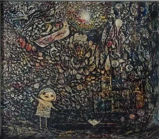 Eduardo ABELA - Painting - Paisaje con ninos y pajaros. Landscape with kids and birds.