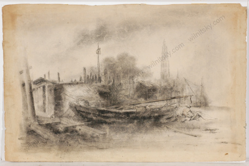 Gustave PIERON - Drawing-Watercolor - "Boat at the riverbank", charcoal drawing