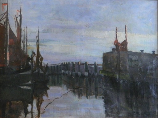 Gustave FLASSCHOEN - Pintura - marine harbor entrance