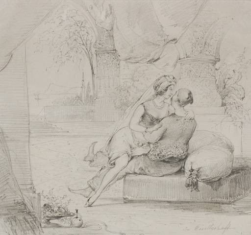Ludwig CZERNY - Dessin-Aquarelle - "Eastern lovers" orientalist drawing, 1840s