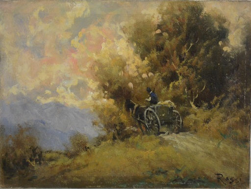 Luigi ROSSI - Pittura - Paysan sur sa charrette sur fond de montagnes