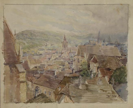 Rudolf BLUM - Drawing-Watercolor - "View of Brno" by Rudolf Blum, ca 1920 