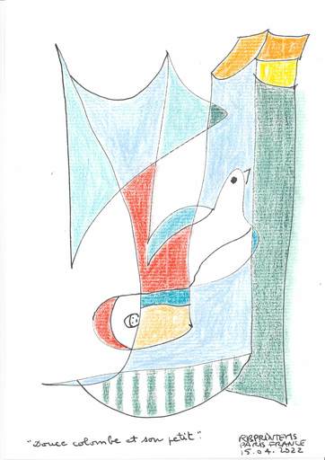 Reine BUD-PRINTEMS - Drawing-Watercolor - "Douce colombe et son petit"